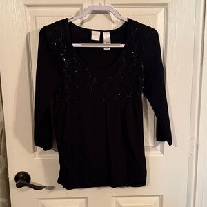 Emma James Womens M Black‎ Embellished Sweater Top 3/4 Sleeve Preppy Career